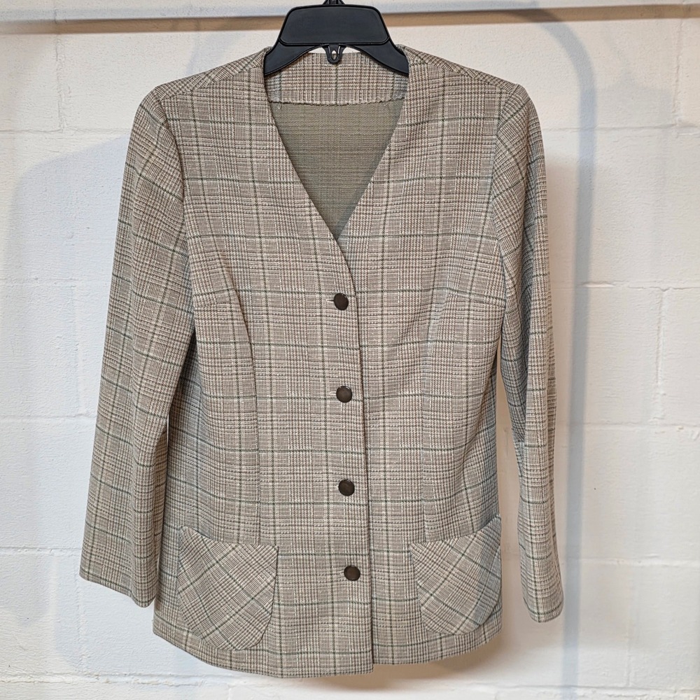 Vintage 70s Handmade Tan Green Plaid Knit Jacket Collarless V-Neck Button Retro